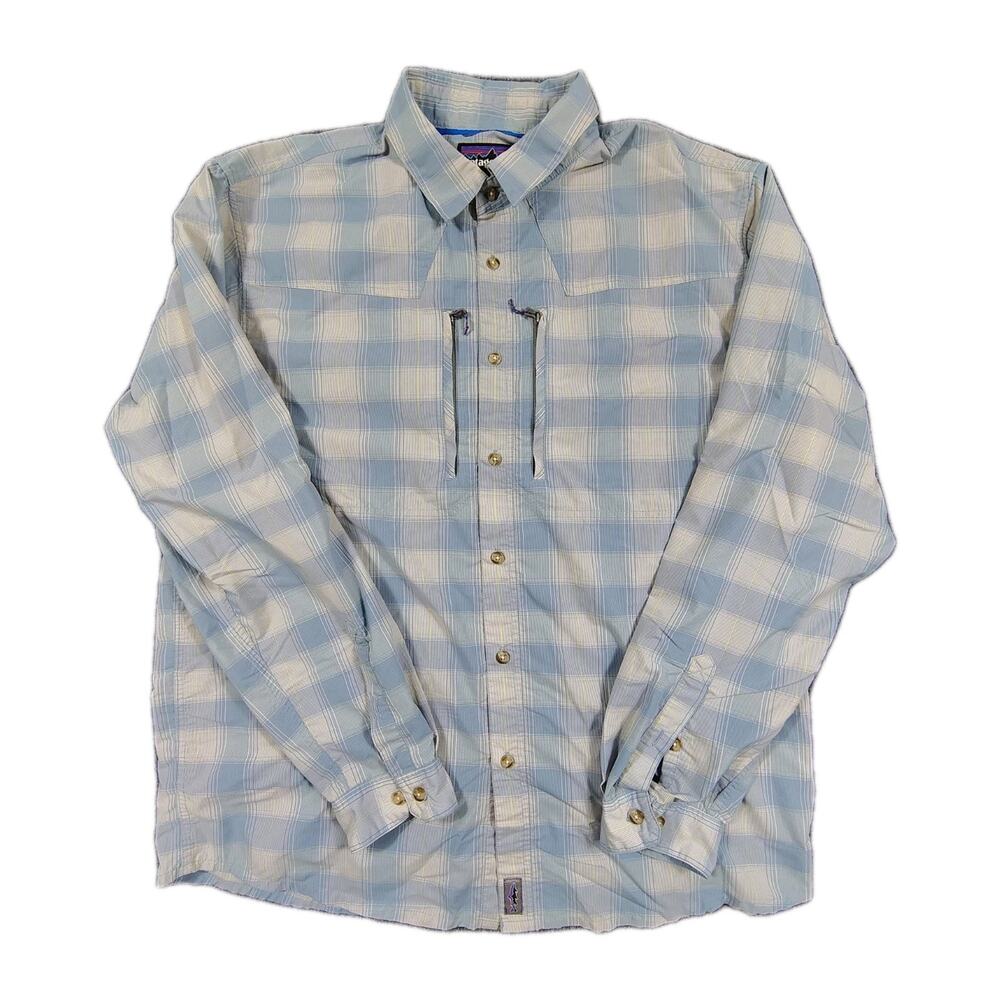 Patagonia Sun Stretch Shirt Mens L Blue Plaid Fishing Rafting Anglers 52197 EUC